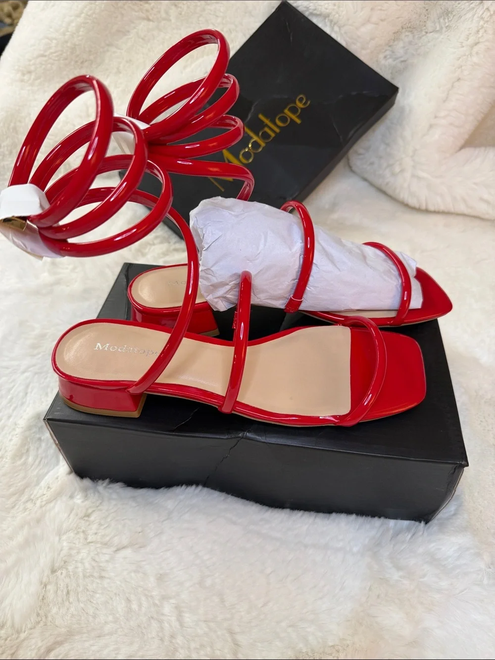 Red Strappy Spiral Ankle Sandals for Women Gladiator